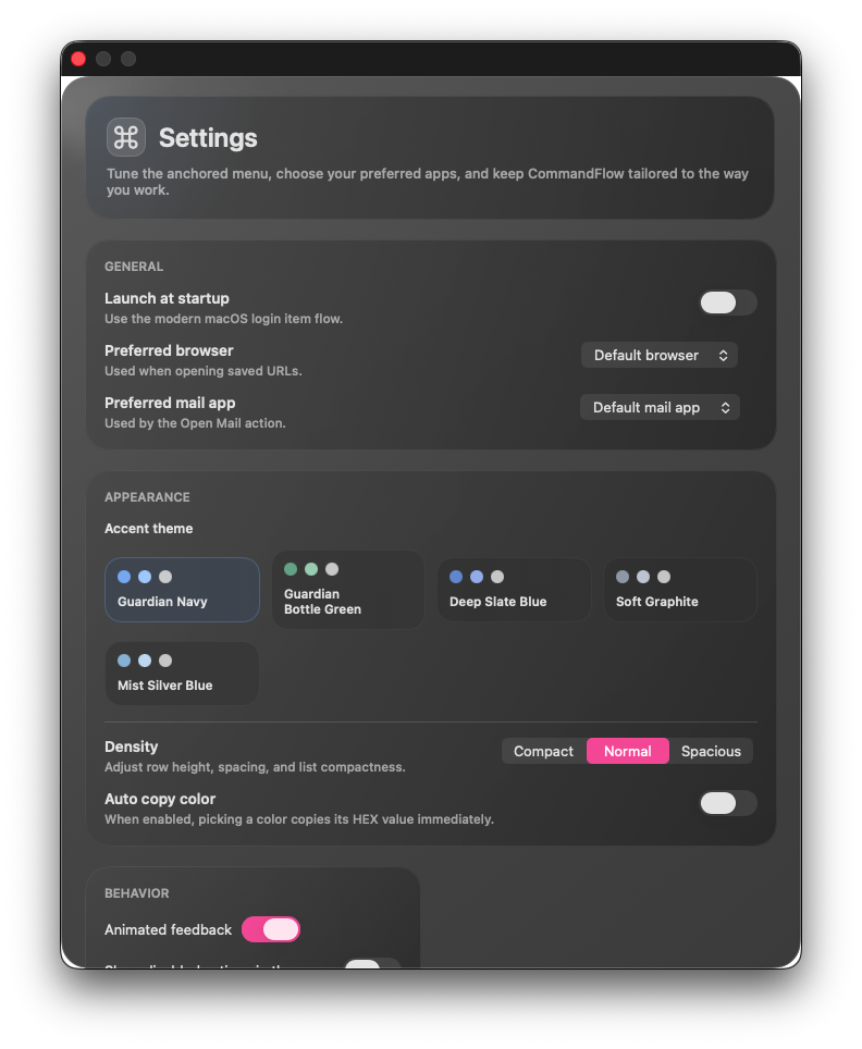 CommandFlow settings window on macOS